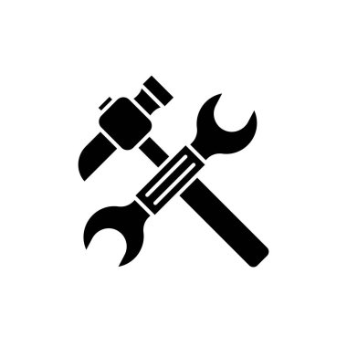 İngiliz anahtarı ve siyah kutsal kişilerin resmi, vektör işareti izole arka plan üzerinde çekiç. Çekiç ve anahtar kavramı sembol, illüstrasyon 