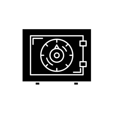 Para güvende siyah simge banka, izole arka plan tabelada vektör. Banka para güvenli kavramı sembol, illüstrasyon 