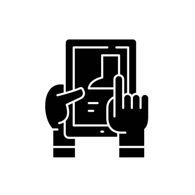 Online Ürünler yelpazesi siyah simge depolamak, izole arka plan tabelada vektör. Online mağaza konsepti sembol, illüstrasyon malların seçimi 