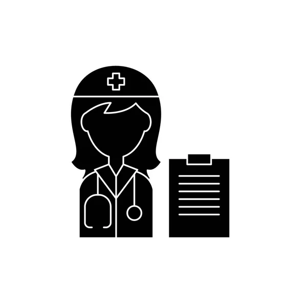 Женщина доктор Черная икона, векторный знак на изолированном фоне. Символ женщины-врача, иллюстрация — стоковый вектор