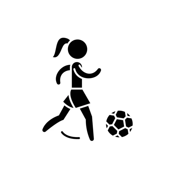 Schwarze Ikone des Frauenfußballs, Vektorzeichen auf isoliertem Hintergrund. Frauenfußballkonzept Symbol, Illustration — Stockvektor