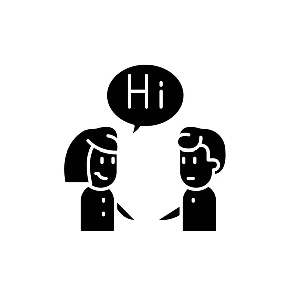 Fille communique avec un gars icône noire, signe vectoriel sur fond isolé. Fille communique avec un symbole de concept de gars, illustration — Image vectorielle