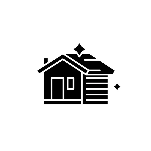 Nettoyage de la maison icône noire, signe vectoriel sur fond isolé. Concept de nettoyage de maison symbole, illustration — Image vectorielle