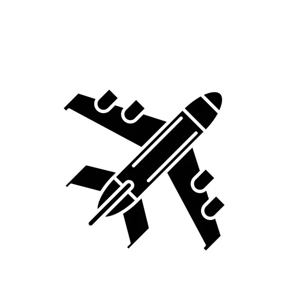 Avión de pasajeros icono negro, signo vectorial sobre fondo aislado. Símbolo de concepto de avión de pasajeros, ilustración — Vector de stock
