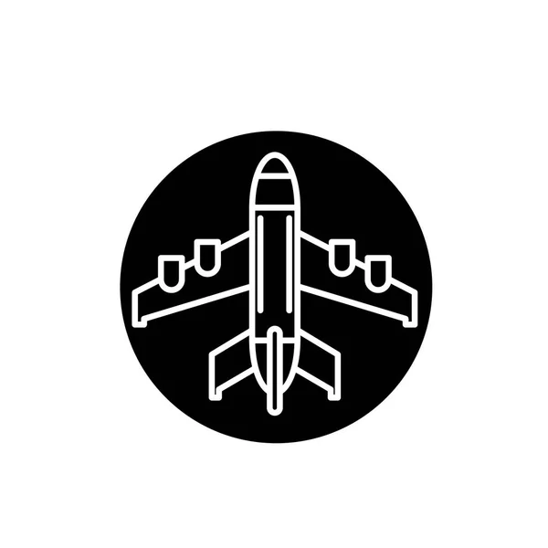 Avión aterrizaje icono negro, signo vectorial sobre fondo aislado. Plano de aterrizaje símbolo concepto, ilustración — Vector de stock