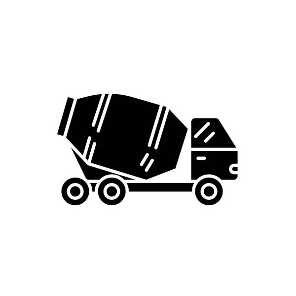 Beton-LKW schwarzes Symbol, Vektorschild auf isoliertem Hintergrund. Betonfahrzeugkonzept Symbol, Illustration — Stockvektor