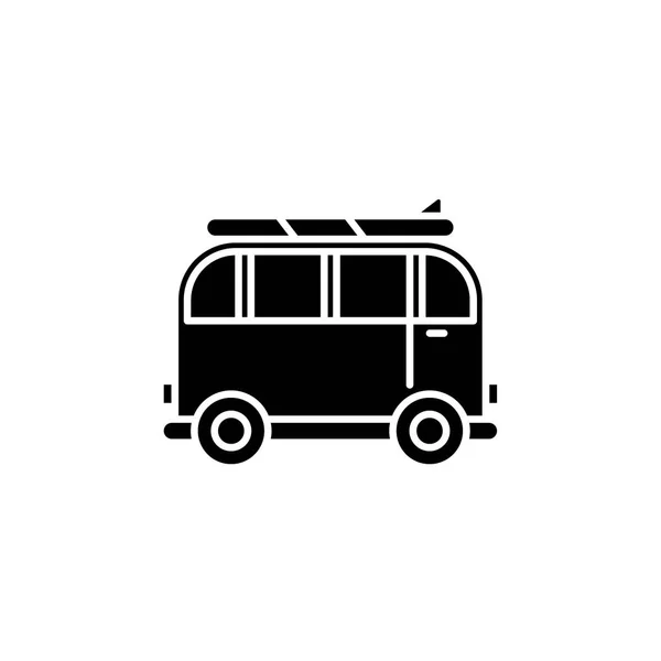 ミニバンの旅行の黒いアイコン、ベクトル分離背景に記号。旅行コンセプト シンボル、イラストのミニバン — ストックベクタ
