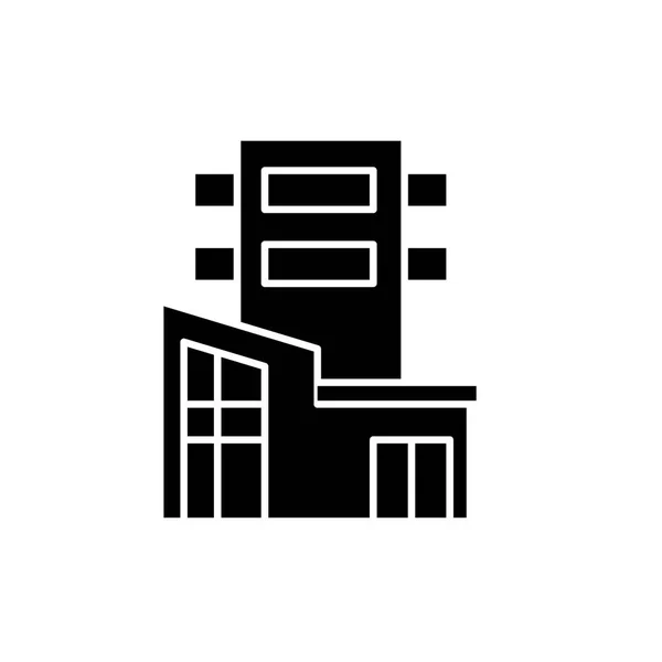 Edificio de oficinas icono negro, signo vectorial sobre fondo aislado. Símbolo de concepto de edificio de oficinas, ilustración — Vector de stock