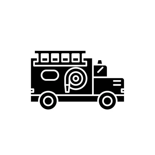 Feuerwehrauto schwarzes Symbol, Vektor-Zeichen auf isoliertem Hintergrund. Feuerwehrkonzept Symbol, Illustration — Stockvektor