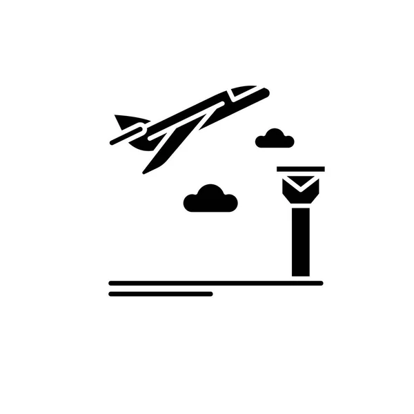 Luchthaven zwart pictogram, vector teken op geïsoleerde achtergrond. Luchthaven concept symbool, afbeelding — Stockvector