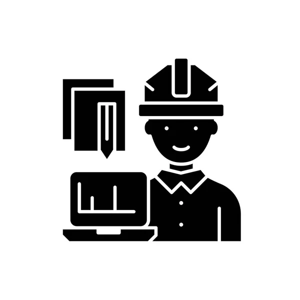 Icona nera di ingegnere e computer, segno vettoriale su sfondo isolato. Ingegnere e concetto di computer simbolo, illustrazione — Vettoriale Stock