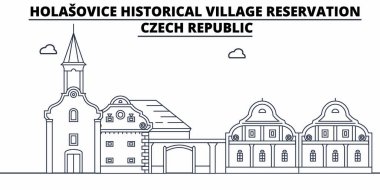 Çek Cumhuriyeti - Holasovice seyahat ünlü manzarası, panorama vektör. Çek Cumhuriyeti - Holasovice doğrusal illüstrasyon