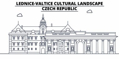 Çek Cumhuriyeti - Lednice - Valtice seyahat ünlü manzarası, panorama, vektör. Çek Cumhuriyeti - Lednice - Valtice doğrusal illüstrasyon