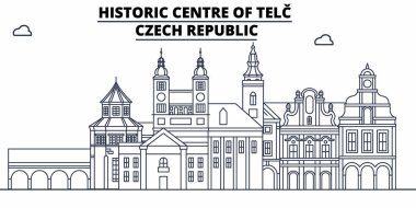 Çek Cumhuriyeti - Telc seyahat ünlü manzarası, panorama, vektör. Çek Cumhuriyeti - Telc doğrusal illüstrasyon