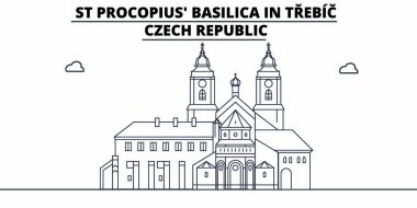 Çek Cumhuriyeti - Trebic, St Procopius Basilica seyahat ünlü manzarası, panorama, vektör. Çek Cumhuriyeti - Trebic, St Procopius Basilica doğrusal illüstrasyon