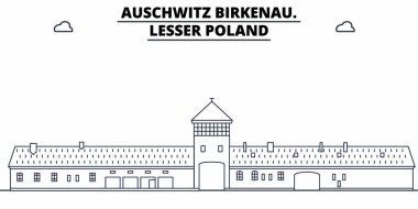 Polonya - Auschwitz Birkenau'da seyahat ünlü manzarası, panorama, vektör. Polonya - Auschwitz Birkenau'da doğrusal illüstrasyon