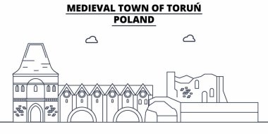 Polonya - Torun seyahat ünlü manzarası, panorama, vektör. Polonya - Torun doğrusal illüstrasyon