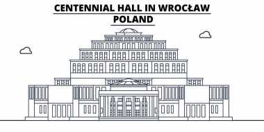 Polonya - Wroclaw, Centennial salonu ünlü manzarası, panorama, vektör seyahat. Polonya - Wroclaw, Centennial Hall doğrusal illüstrasyon