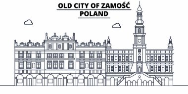 Polonya - Zamosc seyahat ünlü manzarası, panorama, vektör. Polonya - Zamosc doğrusal illüstrasyon