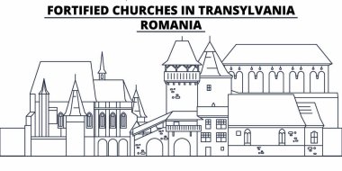 Romanya - Transilvanya müstahkem kiliselerde seyahat ünlü manzarası, panorama, vektör. Romanya - müstahkem kilise içinde Transylvania doğrusal illüstrasyon