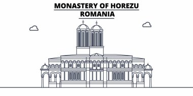 Romanya - Horezský Manastırı seyahat ünlü manzarası, panorama, vektör. Romanya - Horezský Manastırı doğrusal illüstrasyon