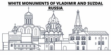 Rusya - Vladimir ve Suzdal beyaz anıtları seyahat ünlü manzarası, panorama, vektör. Rusya - beyaz anıtlar, Vladimir ve Suzdal doğrusal illüstrasyon