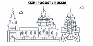Rusya - Kizhi Pogost seyahat ünlü manzarası, panorama, vektör. Rusya - Kizhi Pogost doğrusal illüstrasyon