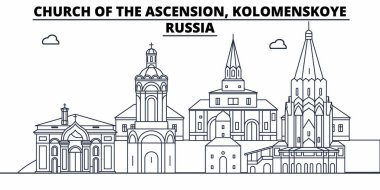 Rusya - Kolomenskoye, kilise yükseliş seyahat ünlü manzarası, panorama, vektör. Rusya - Kolomenskoye, Ascension Kilisesi doğrusal illüstrasyon