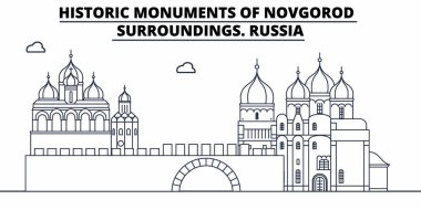 Rusya - Novgorod Seyahat ünlü manzarası, panorama, vektör. Rusya - Novgorod doğrusal illüstrasyon