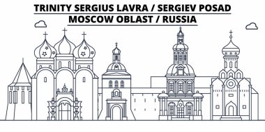 Rusya - Sergiev Posad, Lavra seyahat ünlü manzarası, panorama, vektör. Rusya - Sergiev Posad, Lavra doğrusal illüstrasyon