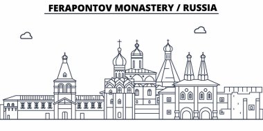 Rusya - Vologda, Ferapontov Manastırı seyahat ünlü manzarası, panorama, vektör. Rusya - Vologda, Ferapontov Manastırı doğrusal illüstrasyon