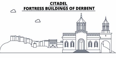 Rusya, Dağıstan, Derbent, Citadel seyahat ünlü manzarası, panorama, vektör. Rusya, Dağıstan, Derbent, Citadel doğrusal illüstrasyon