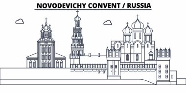 Rusya, Moskova, Novodevichy Manastırı seyahat ünlü manzarası, panorama, vektör. Rusya, Moskova, Novodevichy Manastırı doğrusal illüstrasyon