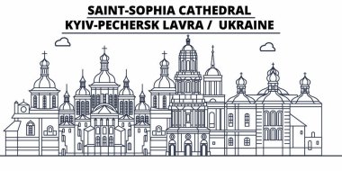 Ukrayna - Kiev-Pechersk Lavra seyahat ünlü manzarası, panorama, vektör. Ukrayna - Kiev-Pechersk Lavra doğrusal illüstrasyon