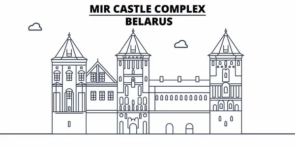 Bielorrusia - Mir Castle Complejo de viajes famoso horizonte hito, vector panorama. Bielorrusia - Mir Castle Complejo ilustración lineal — Vector de stock