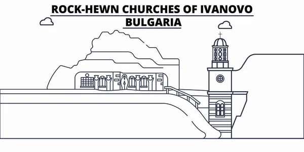 Bulgaria Ivanovo, Iglesias de roca recorren famoso horizonte hito, panorama, vector. Bulgaria - Ivanovo, Iglesias rupestres ilustración lineal — Vector de stock