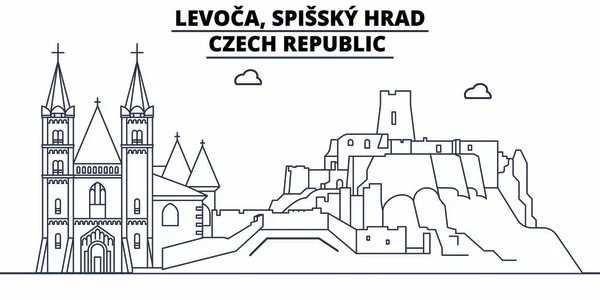 Tjeckien - Levoča, Spissky Hrad resa landmärken skyline, panorama, vektor. Tjeckien - Levoča, Spissky Hrad linjär illustration — Stock vektor