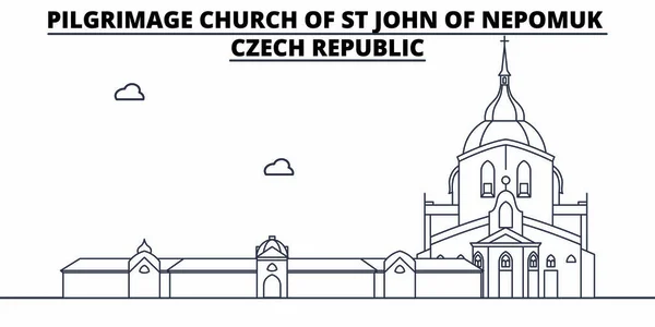 Tjeckien - pilgrimskyrkan St Johannes av Nepomuk resor landmärken skyline, panorama, vektor. Tjeckien - pilgrimsfärd kyrkan av St John av Nepomuk linjär illustration — Stock vektor