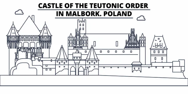 Polen - kasteel van de Duitse orde In Malbork reizen de skyline van de beroemde bezienswaardigheid, panorama, vector. Polen - kasteel van de Duitse orde In Malbork lineaire afbeelding — Stockvector