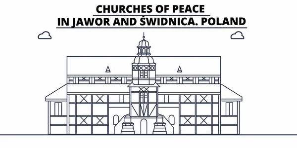 ポーランド - ヤヴォルとシフィドニツァの平和教会は、有名なランドマークのスカイライン、パノラマ、ベクトルを旅行します。ポーランド - ヤヴォルとシフィドニツァの平和教会線形図 — ストックベクタ