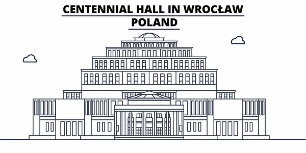 Polónia - Wroclaw, Centennial Hall viagem skyline marco famoso, panorama, vetor. Polónia - Wroclaw, Centennial Hall ilustração linear —  Vetores de Stock