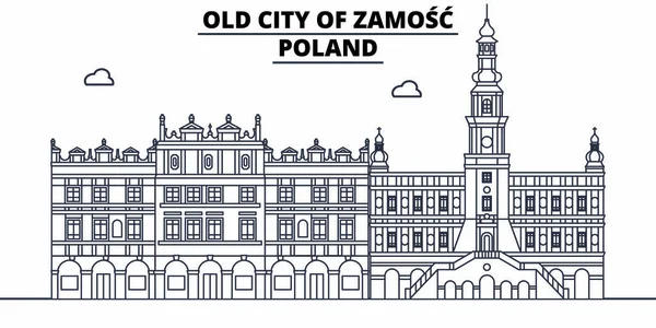 Pologne Zamosc voyage célèbre horizon historique, panorama, vecteur. Pologne - Illustration linéaire Zamosc — Image vectorielle