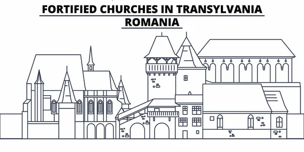 Románia - erődített templomok Erdélyben, utazás a híres mérföldkő skyline, panoráma, vektor. Románia - erődített templomok Erdélyben lineáris illusztráció — Stock Vector