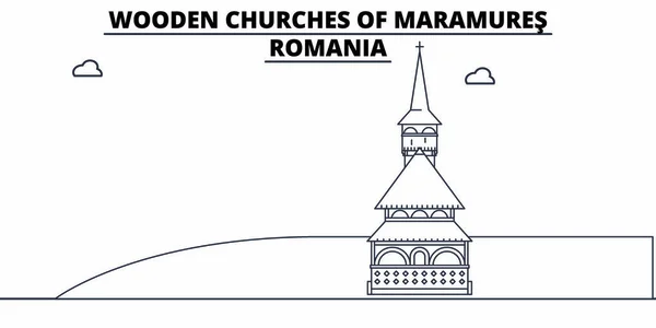 Rumania - Maramures, Wooden Churches melakukan perjalanan ke kaki langit terkenal, panorama, vektor. Rumania - Maramures, Gereja Wooden Ilustrasi linier - Stok Vektor