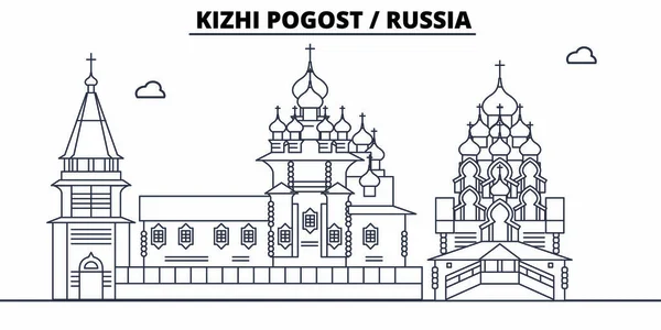 Rússia - Kizhi Pogost viajar skyline marco famoso, panorama, vetor. Rússia - Kizhi Pogost ilustração linear —  Vetores de Stock