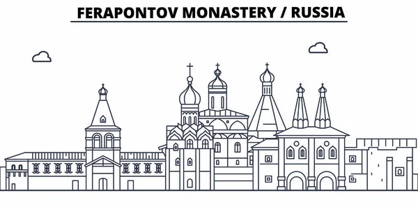 Rusko - Vologda, Ferapontov klášter cestovní dominantou panoramatu, panorama, vektor. Rusko - Vologda, Ferapontov klášter lineární ilustrace — Stockový vektor