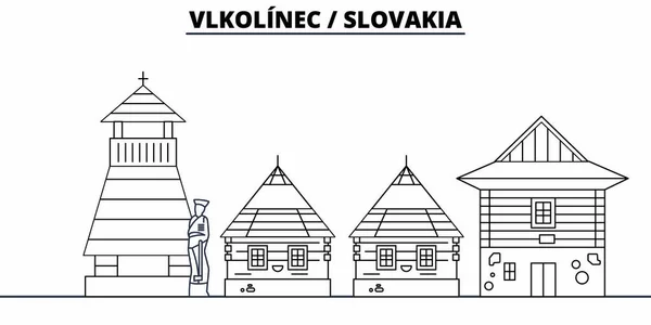 Slovensko - Vlkolínec cestování dominantou panoramatu, panorama, vektor. Slovensko - Vlkolínec lineární ilustrace — Stockový vektor