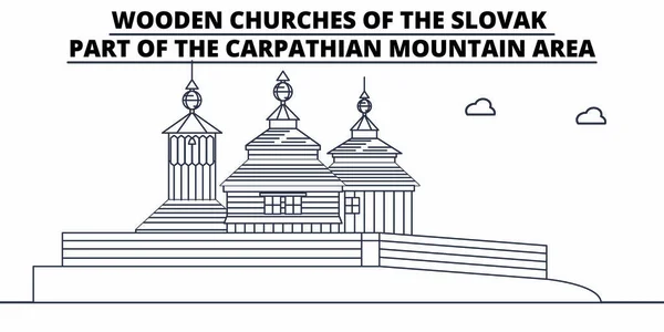Słowacja - Kościoły drewniane w rejonie górskim Karpat podróży sławny skyline, panorama, wektor. Słowacja - drewniane kościoły w Karpackie góry teren ilustracja liniowa — Wektor stockowy
