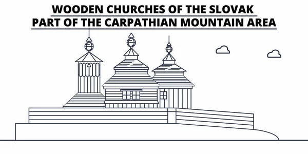 Slovensko - dřevěné kostely v oblasti karpatské horské cesty dominantou panoramatu, panorama, vektor. Slovensko - dřevěné kostely v The Karpatské horské oblasti lineární ilustrace — Stockový vektor