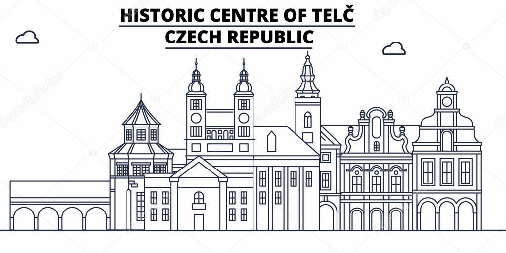 Czech Republic - Telc travel famous landmark skyline, panorama, vector. Czech Republic - Telc linear illustration